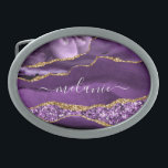 Boucle De Ceinture Ovale Agate Purple Gold Marble Nom personnalisé Ceinture<br><div class="desc">Nom personnalisé personnalisé Boucle de ceinture avec Agate Violet Or Parties scintillant Géode Boucles de ceinture en marbre - Votre anniversaire - Anniversaire ou Mariage Cadeau / Fournisseur - Ajouter votre nom - Texte ou Supprimer - Faire votre cadeau spécial - Redimensionner et déplacer ou ajouter du texte / des...</div>