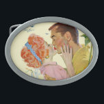 Boucle De Ceinture Ovale Amour-Frappé<br><div class="desc">Artiste : Dame rousse de Bernard D'Andrea | embrassant l'homme derrière des tournesols avec une chaise bleue et un chat.</div>