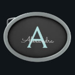Boucle De Ceinture Ovale Aqua Teal Blue Script Girly Monogram<br><div class="desc">Noir et Aqua Bleu Turquoise Simple Script Monogramme Nom Belt Buckle. Cela rend la graduation parfaite, doux 16 16ème, 18ème, 21ème, 30ème, 40ème, 50ème, 60ème, 70ème, 80ème, 90ème, 100ème anniversaire, mariage, douche nuptiale, anniversaire, baby shower ou cadeau de fête de bachelorette pour quelqu'un qui aime les styles glam luxe et...</div>