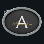 Boucle De Ceinture Ovale Black Gold Modern Script Girl Monogramme Nom<br><div class="desc">Noir et Or Simple Script Monogramme Nom Ceinture Boucle. Cela rend la graduation parfaite, doux 16 16ème, 18ème, 21ème, 30ème, 40ème, 50ème, 60ème, 70ème, 80ème, 90ème, 100ème anniversaire, mariage, douche nuptiale, anniversaire, baby shower ou cadeau de fête de bachelorette pour quelqu'un qui aime les styles glam luxe et chic .....</div>