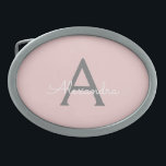 Boucle De Ceinture Ovale Blush Pink Grey Modern Script Girly Monogram<br><div class="desc">Blush Pink and Grey Simple Script Monogramme Nom Belt Buckle. Cela rend la graduation parfaite, doux 16 16ème, 18ème, 21ème, 30ème, 40ème, 50ème, 60ème, 70ème, 80ème, 90ème, 100ème anniversaire, mariage, douche nuptiale, anniversaire, baby shower ou cadeau de fête de bachelorette pour quelqu'un qui aime les styles glam luxe et chic...</div>