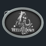 Boucle De Ceinture Ovale Chin up talons bas cowgirl cheval amoureux équitat<br><div class="desc">Citation de cowgirl "Chin up heels down", boucle de ceinture d'amoureux des chevaux. Équitation, western, design de campagne avec cheval, chaussures de cheval et bottes de cowboy occidental en noir et blanc. Vous pouvez transférer cette conception à n'importe quel autre produit sur Zazzle, regardez : "Transférer la conception à un...</div>