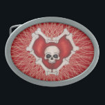 Boucle De Ceinture Ovale Coeur rouge gothique avec le crâne des os sur les<br><div class="desc">Cette boucle de ceinture est rouge avec des lignes en spirale abstraites et un coeur rouge gothique avec des os blancs avec un crâne au centre.</div>