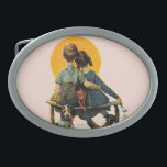 Boucle De Ceinture Ovale Coucher du soleil<br><div class="desc">Artiste : Coucher du soleil de montre de garçon et de fille de Norman Rockwell | de banc,  chiot désespéré</div>