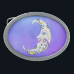Boucle De Ceinture Ovale Crescent Lune Marques Abstraites Yeux Bleus Lèvres<br><div class="desc">Cette boucle de ceinture a un croissant blanc avec des marques abstraites bleues,  jaunes et violettes et un visage avec des yeux bleus et des lèvres roses dans un joli ciel violet.</div>