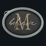Boucle De Ceinture Ovale Croyez Inspirational Black Gold Monogram Initial<br><div class="desc">Croyez Positivity Black Gold Monogram Initial. Un mot encourageant dans un élégant script manuscrit,  superposé sur votre initiale en or sur un arrière - plan noir.</div>