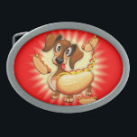 Boucle De Ceinture Ovale Dachshund Hot Dog mignonne et drôle de caractère<br><div class="desc">Un personnage de Dachshund Dog qui semble un peu confus et étonné,  avec la langue pendante,  et avec de grands yeux surpris parce qu'il réalise qu'il est un... hot dog Saucage ! Illustration d'image clipart vectorielle isolée sur blanc. Copyright BluedarkArt.</div>