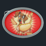 Boucle De Ceinture Ovale Dachshund Hot Dog mignonne et drôle de caractère<br><div class="desc">Un personnage de Dachshund Dog qui semble un peu confus et étonné,  avec la langue pendante,  et avec de grands yeux surpris parce qu'il réalise qu'il est un... hot dog Saucage ! Illustration d'image clipart vectorielle isolée sur blanc. Copyright BluedarkArt.</div>
