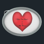 Boucle De Ceinture Ovale Dans mon coeur (modifiable)<br><div class="desc">Cette boucle à ceinture est dotée d'un grand coeur rouge contre un arrière - plan blanc avec les mots "is in My Heart" Il y a un espace au-dessus de cela pour que vous puissiez entrer n'importe quoi ou qui vous voulez ajouter. Ajoutez-le simplement au champ de texte personnalisable fourni....</div>