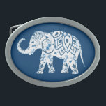 Boucle De Ceinture Ovale Éléphant bleu modelé fleuri<br><div class="desc">Boucle de ceinture ethnique renversante d'art avec l'éléphant décoratif de style de tatouage de henné sur l'arrière - plan bleu-foncé. Option pour customiser la couleur d'arrière - plan.</div>