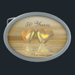 Boucle De Ceinture Ovale Golden Anniversary Hearts<br><div class="desc">Oval shaped belt buckle with my original image of gold colored hearts floating on the water.  Text says "50 Years".</div>