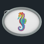 Boucle De Ceinture Ovale Hippocampe polygonal arc-en-ciel<br><div class="desc">Artistiquement dessiné,  lumineux,  arc-en-ciel,  cheval de mer polygonale sur arrière - plan blanc. Un tatouage brillant.</div>