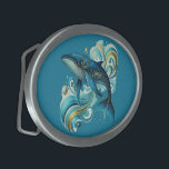 Boucle De Ceinture Ovale Illustration de dauphin Art déco sur bleu profond<br><div class="desc">Belle illustration de dauphin Art déco avec un arrière - plan personnalisable bleu profond.</div>