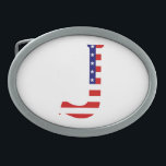 Boucle De Ceinture Ovale J Monogram superposé sur le bcnt drapeau américain<br><div class="desc">J Monogram superposé sur USA Flag Belt Buckle Design © Trinkets and Things 2017 - AHP Design. Tous droits réservés. 080517</div>