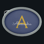 Boucle De Ceinture Ovale Marine Blue Gold Modern Script Girl Monogramme Nom<br><div class="desc">Navy Blue and Gold Simple Script Monogramme Nom Belt Buckle. Cela rend la graduation parfaite, doux 16 16ème, 18ème, 21ème, 30ème, 40ème, 50ème, 60ème, 70ème, 80ème, 90ème, 100ème anniversaire, mariage, douche nuptiale, anniversaire, baby shower ou cadeau de fête de bachelorette pour quelqu'un qui aime les styles glam luxe et chic...</div>