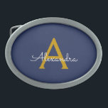 Boucle De Ceinture Ovale Marine Blue Gold Modern Script Girl Monogramme Nom<br><div class="desc">Navy Blue and Gold Simple Script Monogramme Nom Belt Buckle. Cela rend la graduation parfaite, doux 16 16ème, 18ème, 21ème, 30ème, 40ème, 50ème, 60ème, 70ème, 80ème, 90ème, 100ème anniversaire, mariage, douche nuptiale, anniversaire, baby shower ou cadeau de fête de bachelorette pour quelqu'un qui aime les styles glam luxe et chic...</div>