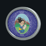 Boucle De Ceinture Ovale Mignonne Japonaise Peinture Paysage Bleu<br><div class="desc">Ce design oriental kawaii sucré est composé d'un arrière - plan motif bleu et blanc cassé avec un centre circulaire représentant une scène d'inspiration japonaise d'une jeune fille peignant un paysage avec des montagnes dans l'arrière - plan. Pièces graphiques utilisées dans cette conception sous licence de l'usine graphique. Disponible en...</div>