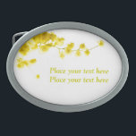 Boucle De Ceinture Ovale Mimosa<br><div class="desc">Fleur de Mimosa sur arrière - plan blanc. Le célèbre symbole de la Journée des Femmes. Prêt à être customisé avec votre texte.</div>