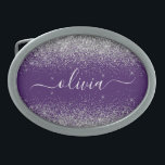 Boucle De Ceinture Ovale Monogramme de Parties scintillant d'argent violet<br><div class="desc">Parties scintillant à étincelle violette et argentée Script Monogramme Nom Ceinture Boucle. Cela rend la graduation parfaite, doux 16 16ème, 18ème, 21ème, 30ème, 40ème, 50ème, 60ème, 70ème, 80ème, 90ème, 100ème anniversaire, mariage, douche nuptiale, anniversaire, baby shower ou cadeau de fête de bachelorette pour quelqu'un qui aime les styles glam luxe...</div>
