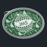 Boucle De Ceinture Ovale Motif décoré d'un monogramme pour le golfeur<br><div class="desc">Les sports personnalisés jouent au golf la conception orientée dans vert et le blanc. Elle comporte une boule d'or qui peut être customisée avec des initiales de monogramme et un motif d'arrière - plan des clubs de golf, des boules de golf et de la diverse typographie jouante au golf de...</div>
