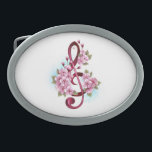 Boucle De Ceinture Ovale Musical treble clef notes with sakura flowers<br><div class="desc">Pink treble clef with delicate,  detailed pink Japanese cherry blossoms against white background painted over with light blue paint Blooming pink sakura.</div>