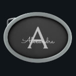 Boucle De Ceinture Ovale Noir Argent moderne Script Girl Monogramme Nom<br><div class="desc">Noir et Argent Simple Script Monogramme Nom Belt Buckle. Cela rend la graduation parfaite, doux 16 16ème, 18ème, 21ème, 30ème, 40ème, 50ème, 60ème, 70ème, 80ème, 90ème, 100ème anniversaire, mariage, douche nuptiale, anniversaire, baby shower ou cadeau de fête de bachelorette pour quelqu'un qui aime les styles glam luxe et chic .....</div>