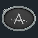 Boucle De Ceinture Ovale Noir Argent moderne Script Girl Monogramme Nom<br><div class="desc">Noir et Argent Simple Script Monogramme Nom Belt Buckle. Cela rend la graduation parfaite, doux 16 16ème, 18ème, 21ème, 30ème, 40ème, 50ème, 60ème, 70ème, 80ème, 90ème, 100ème anniversaire, mariage, douche nuptiale, anniversaire, baby shower ou cadeau de fête de bachelorette pour quelqu'un qui aime les styles glam luxe et chic .....</div>