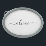 Boucle De Ceinture Ovale Noir Blanc moderne Script Girl Monogramme Nom<br><div class="desc">Noir et blanc Simple Script Monogramme Nom Ceinture Boucle. Cela rend la graduation parfaite, doux 16 16ème, 18ème, 21ème, 30ème, 40ème, 50ème, 60ème, 70ème, 80ème, 90ème, 100ème anniversaire, mariage, douche nuptiale, anniversaire, baby shower ou cadeau de fête de bachelorette pour quelqu'un qui aime les styles glam luxe et chic .....</div>