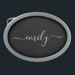 Boucle De Ceinture Ovale Noir et blanc Nom du monogramme de script moderne<br><div class="desc">Nom du monogramme simple de script noir et blanc. Cela rend le cadeau parfait pour 16 ans,  mariage,  douche nuptiale,  anniversaire,  baby shower ou bachelorette pour quelqu'un qui aime le luxe glam et les styles chic.</div>