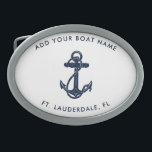 Boucle De Ceinture Ovale Nom du bateau moderne Marine Ancre bleue Personnal<br><div class="desc">Ajoutez le nom et l'emplacement de votre bateau ou capitaine en cliquant sur le bouton "Personnaliser". Naviguez avec élégance avec notre swag nautique personnalisé, le compagnon ultime de vos aventures maritimes. Cette boucle à ceinture présente un design mignon inspiré des merveilles de l'océan, avec des motifs maritimes classiques comme une...</div>