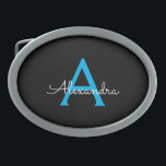 Boucle De Ceinture Ovale Nom du monogramme de la fille en noir bleu<br><div class="desc">Noir et Bleu Simple Script Monogramme Nom Belt Buckle. Cela rend la graduation parfaite, doux 16 16ème, 18ème, 21ème, 30ème, 40ème, 50ème, 60ème, 70ème, 80ème, 90ème, 100ème anniversaire, mariage, douche nuptiale, anniversaire, baby shower ou cadeau de fête de bachelorette pour quelqu'un qui aime les styles glam luxe et chic .....</div>