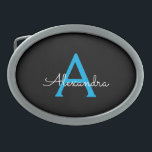 Boucle De Ceinture Ovale Nom du monogramme de la fille en noir bleu<br><div class="desc">Noir et Bleu Simple Script Monogramme Nom Belt Buckle. Cela rend la graduation parfaite, doux 16 16ème, 18ème, 21ème, 30ème, 40ème, 50ème, 60ème, 70ème, 80ème, 90ème, 100ème anniversaire, mariage, douche nuptiale, anniversaire, baby shower ou cadeau de fête de bachelorette pour quelqu'un qui aime les styles glam luxe et chic .....</div>