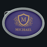 Boucle De Ceinture Ovale Nom du monogramme personnalisé bleu et or de la ma<br><div class="desc">Nom de monogramme élégant personnalisé bleu marine et or. Pour plus de personnalisation,  cliquez sur le bouton "Customiser" et utilisez notre outil de conception pour modifier ce modèle.</div>