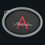 Boucle De Ceinture Ovale Nom du monogramme rouge noir de la fille<br><div class="desc">Noir et Rouge Simple Script Monogramme Nom Belt Buckle. Cela rend la graduation parfaite, doux 16 16ème, 18ème, 21ème, 30ème, 40ème, 50ème, 60ème, 70ème, 80ème, 90ème, 100ème anniversaire, mariage, douche nuptiale, anniversaire, baby shower ou cadeau de fête de bachelorette pour quelqu'un qui aime les styles glam luxe et chic .....</div>