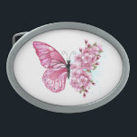 Boucle De Ceinture Ovale Papillon à fleurs avec Sakura rose<br><div class="desc">Arrangement de fleurs de papillon rose avec fleurs de cerisier japonais rose sur arrière - plan blanc.</div>