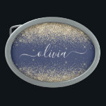 Boucle De Ceinture Ovale Parties scintillant Bleu de la Marine d'or Script<br><div class="desc">Bleu de marine et or Parties scintillant étincelante Script Monogramme Nom Boucle de ceinture. Cela rend la graduation parfaite, doux 16 16ème, 18ème, 21ème, 30ème, 40ème, 50ème, 60ème, 70ème, 80ème, 90ème, 100ème anniversaire, mariage, douche nuptiale, anniversaire, baby shower ou cadeau de fête de bachelorette pour quelqu'un qui aime les styles...</div>