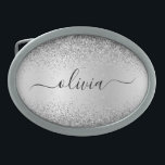 Boucle De Ceinture Ovale Parties scintillant d'argent Monogramme métallique<br><div class="desc">Argent Faux Foil Parties scintillant à étincelle métallique broyée Monogramme Nom Ceinture Boucle. Cela rend la graduation parfaite, doux 16 16ème, 18ème, 21ème, 30ème, 40ème, 50ème, 60ème, 70ème, 80ème, 90ème, 100ème anniversaire, mariage, douche nuptiale, anniversaire, baby shower ou cadeau de fête de bachelorette pour quelqu'un qui aime les styles glam...</div>