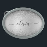 Boucle De Ceinture Ovale Parties scintillant d'argent Monogramme métallique<br><div class="desc">Argent Faux Foil Parties scintillant à étincelle métallique broyée Monogramme Nom Ceinture Boucle. Cela rend la graduation parfaite, doux 16 16ème, 18ème, 21ème, 30ème, 40ème, 50ème, 60ème, 70ème, 80ème, 90ème, 100ème anniversaire, mariage, douche nuptiale, anniversaire, baby shower ou cadeau de fête de bachelorette pour quelqu'un qui aime les styles glam...</div>