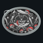 Boucle De Ceinture Ovale Pirate Skull avec Sabres croisés<br><div class="desc">Crâne pirate effrayant,  effrayant Capitaine mort,  avec Bandanna rouge,  Sabres et un Casquette noir Tricorne. Illustration vectorielle originale Copyright BluedarkArt.</div>