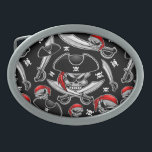Boucle De Ceinture Ovale Pirate Skull avec Sabres croisés<br><div class="desc">Crâne pirate effrayant,  effrayant Capitaine mort,  avec Bandanna rouge,  Sabres et un Casquette noir Tricorne. Illustration vectorielle originale Copyright BluedarkArt.</div>