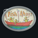 Boucle De Ceinture Ovale Poissons oh !<br><div class="desc">Artiste : Pêcheur heureux de Fred Orfe | comptant les poissons au-dessus du côté d'un bateau.</div>