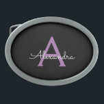 Boucle De Ceinture Ovale Purple Black Script Girl Nom du monogramme<br><div class="desc">Noir et violet Simple Script Monogramme Nom Ceinture Boucle. Cela rend la graduation parfaite, doux 16 16ème, 18ème, 21ème, 30ème, 40ème, 50ème, 60ème, 70ème, 80ème, 90ème, 100ème anniversaire, mariage, douche nuptiale, anniversaire, baby shower ou cadeau de fête de bachelorette pour quelqu'un qui aime les styles glam luxe et chic .....</div>