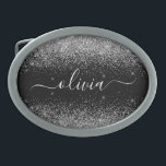 Boucle De Ceinture Ovale Script Monogram Girly Name<br><div class="desc">Parties scintillant à étincelles noir et argent Script Monogramme Nom Boucle de ceinture. Cela rend la graduation parfaite, doux 16 16ème, 18ème, 21ème, 30ème, 40ème, 50ème, 60ème, 70ème, 80ème, 90ème, 100ème anniversaire, mariage, douche nuptiale, anniversaire, baby shower ou cadeau de fête de bachelorette pour quelqu'un qui aime les styles glam...</div>