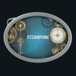 Boucle De Ceinture Ovale Steampunk Arrière - plan turquoise avec Gears<br><div class="desc">Arrière - plan turquoise,  texturé,  steampunk avec des engrenages en laiton et or,  une clé en argent et l'horloge. Style Steampunk.</div>