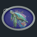 Boucle De Ceinture Ovale Style d'aquarelle sous-marine de tortue marine<br><div class="desc">Belle tortue de mer nageant en été paisible sous l'eau créé dans le style aquarelle. Illustration d'art graphique vectoriel original Copyright BluedarkArt TheCHameleonArt.</div>