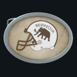Boucle De Ceinture Ovale Université de Beringia<br><div class="desc">Représentation de la mythique Université de Beringia, fondée en 2000 avant J.-C., mascotte primitive Wooly Mammoth sur un casque de football, avec lecture de texte "BERINGIA". L'image est superposée sur un arrière - plan en cuir. Beringia est le nom donné au pont terrestre de Béring et les régions de l'Alaska...</div>