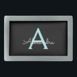 Boucle De Ceinture Rectangulaire Aqua Teal Blue Script Girly Monogram<br><div class="desc">Noir et Aqua Bleu Turquoise Simple Script Monogramme Nom Belt Buckle. Cela rend la graduation parfaite, doux 16 16ème, 18ème, 21ème, 30ème, 40ème, 50ème, 60ème, 70ème, 80ème, 90ème, 100ème anniversaire, mariage, douche nuptiale, anniversaire, baby shower ou cadeau de fête de bachelorette pour quelqu'un qui aime les styles glam luxe et...</div>