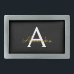 Boucle De Ceinture Rectangulaire Black Gold Modern Script Girl Monogramme Nom<br><div class="desc">Noir et Or Simple Script Monogramme Nom Ceinture Boucle. Cela rend la graduation parfaite, doux 16 16ème, 18ème, 21ème, 30ème, 40ème, 50ème, 60ème, 70ème, 80ème, 90ème, 100ème anniversaire, mariage, douche nuptiale, anniversaire, baby shower ou cadeau de fête de bachelorette pour quelqu'un qui aime les styles glam luxe et chic .....</div>