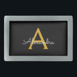 Boucle De Ceinture Rectangulaire Black Gold Modern Script Girl Monogramme Nom<br><div class="desc">Noir et Or Simple Script Monogramme Nom Ceinture Boucle. Cela rend la graduation parfaite, doux 16 16ème, 18ème, 21ème, 30ème, 40ème, 50ème, 60ème, 70ème, 80ème, 90ème, 100ème anniversaire, mariage, douche nuptiale, anniversaire, baby shower ou cadeau de fête de bachelorette pour quelqu'un qui aime les styles glam luxe et chic .....</div>