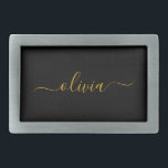 Boucle De Ceinture Rectangulaire Black Gold Modern Script Girl Monogramme Nom<br><div class="desc">Noir et Or Simple Script Monogramme Nom Ceinture Boucle. Cela rend la graduation parfaite, doux 16 16ème, 18ème, 21ème, 30ème, 40ème, 50ème, 60ème, 70ème, 80ème, 90ème, 100ème anniversaire, mariage, douche nuptiale, anniversaire, baby shower ou cadeau de fête de bachelorette pour quelqu'un qui aime les styles glam luxe et chic .....</div>